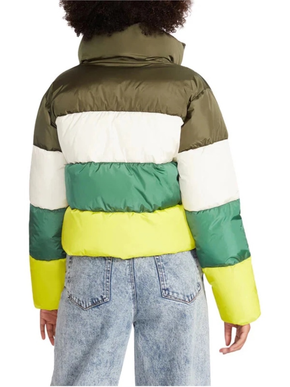 Steve Madden Women's Daisy
Colorblock Puffer Zip Jacket Greens, Yellow, & White - Picture 2 of 6